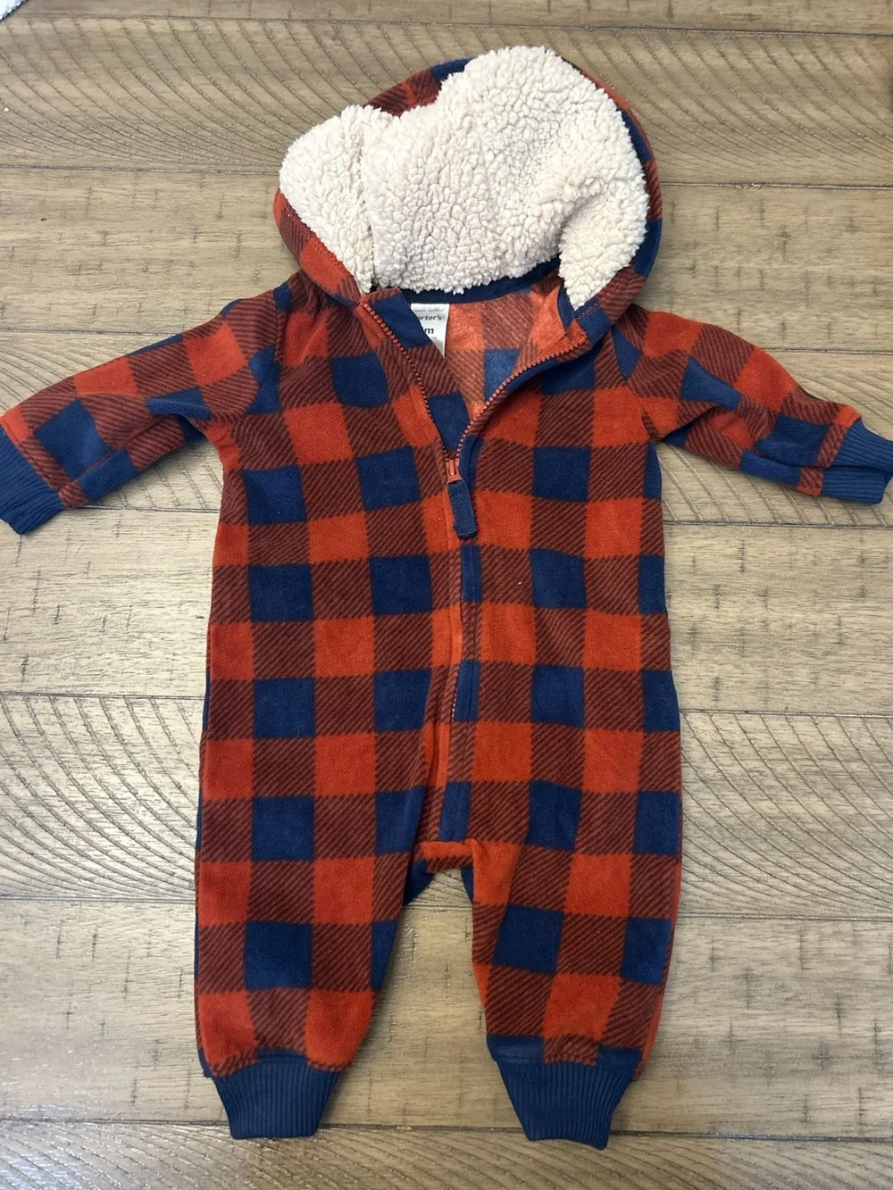 0-3M Baby Boy Cozy Buffalo Plaid Hooded One-Piece - Red & Navy